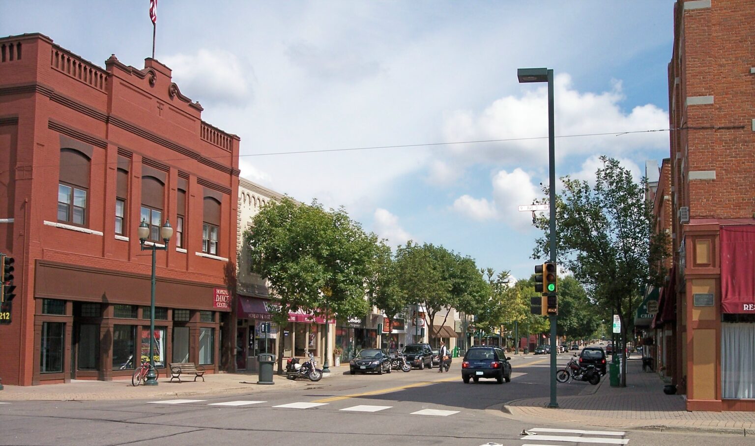 Historic brick buildings on Mainstreet in downtown Hopkins