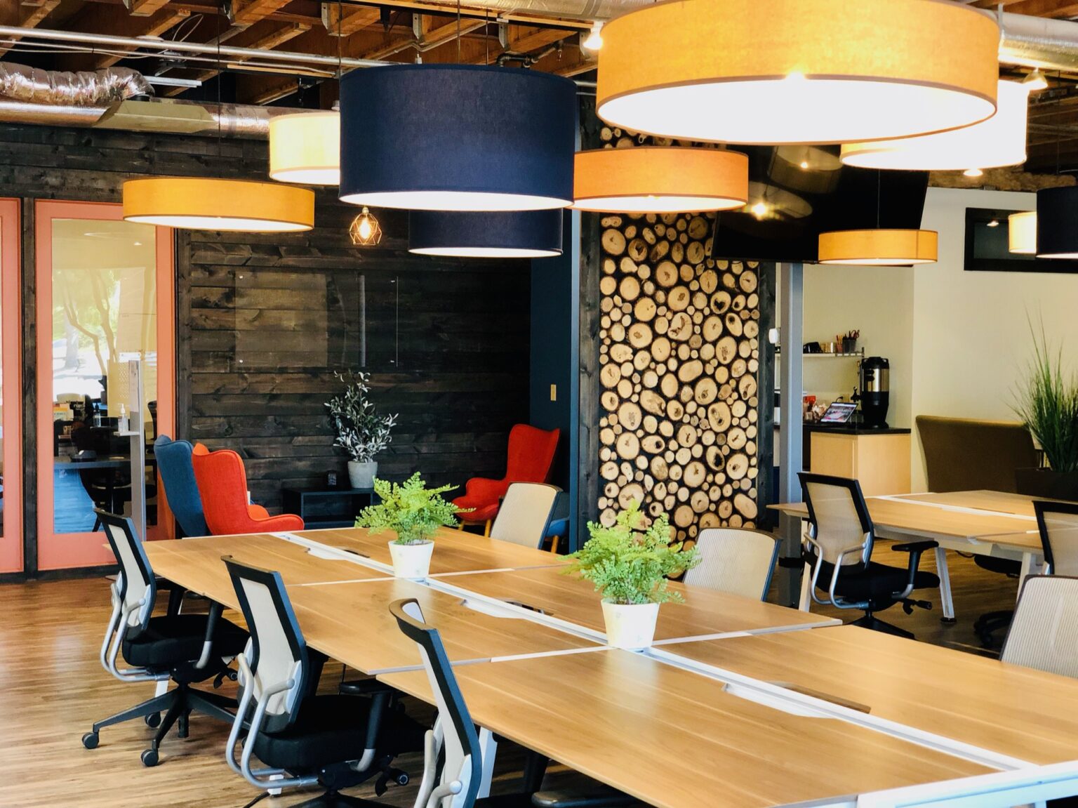 Open desks with a log-slice accent wall