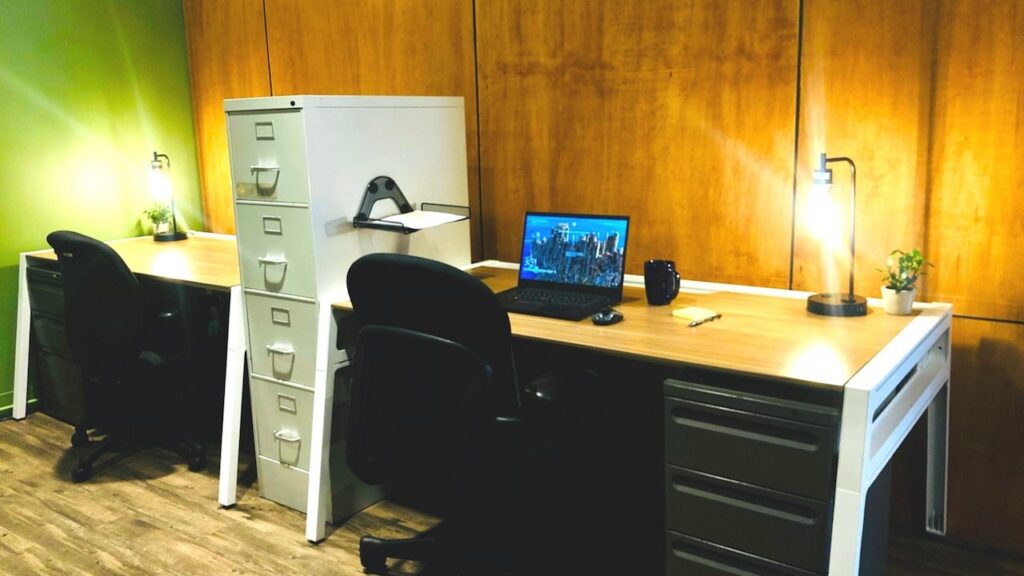 Dedicated desk with locking cabinet